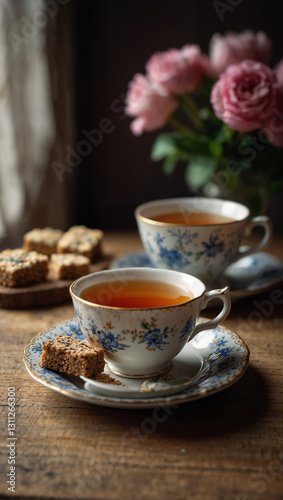 Enjoy an elegant afternoon tea with sweet treats, two white blue ornamental porcelain cups with black tea