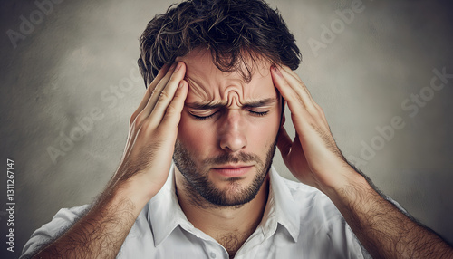 A distressed man holds his head, expressing frustration or pain, against a neutral background.