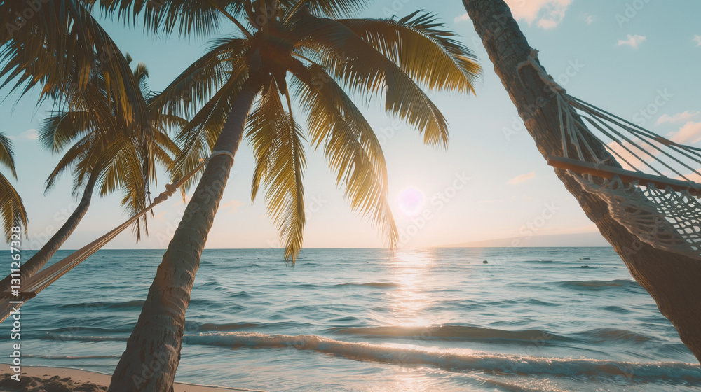 Fototapeta premium Tropical beach with palm trees and a hammock between the palm trees. Vacation on the island, summer vacation. 
