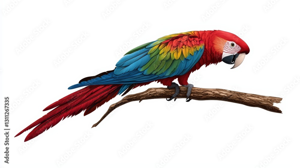 Obraz premium A vibrant parrot perched on a branch, showcasing its colorful plumage in shades of red, blue, and green against a white background.