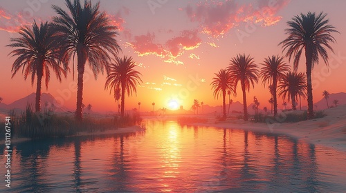 Serene sunset over a tranquil river surrounded by palm trees in a desert landscape