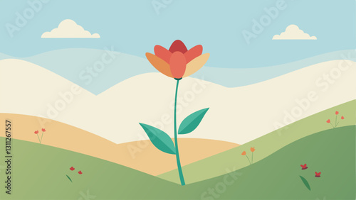Tiny Flower in a Meadow The illustration initially shows a closeup of a delicate wildflower with fine details of its petals and stem. As the zoomout occurs the view reveals a