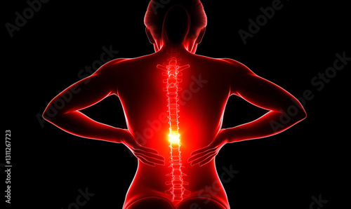 A glowing representation of a human spine highlighting areas of pain, with a focus on the lower back.