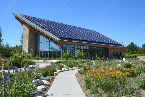 A green building with energy-efficient features and renewable energy sources contributing to sustainability