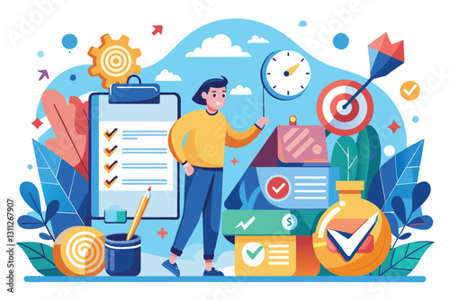 A person stands next to a checklist and goal icons, symbolizing the pursuit of personal development and organization, Personal goals Customizable Flat Illustration