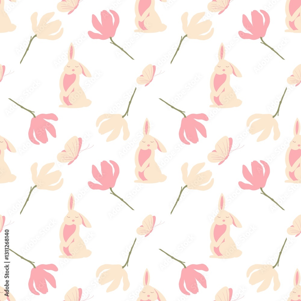 Fototapeta premium Easter pattern with flowers and bunnies