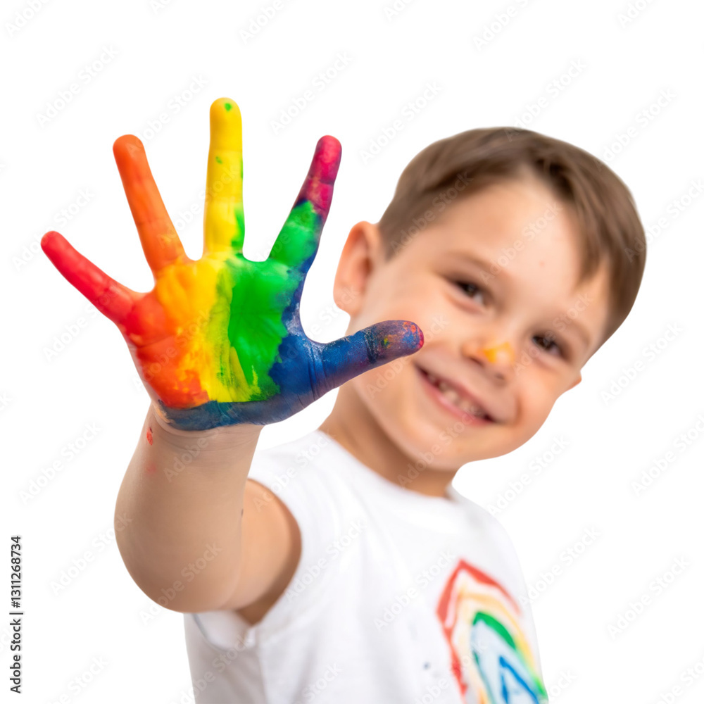 The hand of a child. Fingers overcast with color from painting isolated on a transparent background