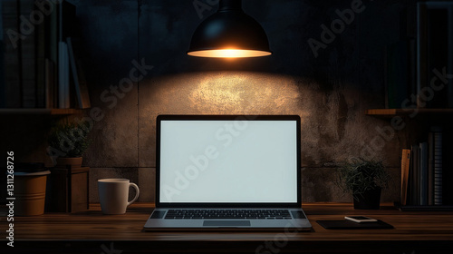 A laptop with a blank screen on a desk illuminated by a hanging light in a cozy setting. AI Generated Images