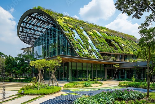 A green building with energy-efficient features and renewable energy sources contributing to sustainability