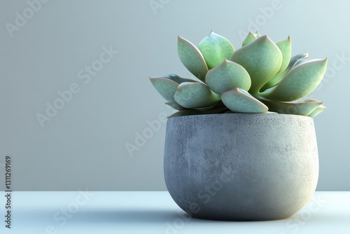 A modern succulent plant with thick, fleshy leaves, placed in a sleek gray concrete pot, clean aesthetic, high-detail photorealistic rendering