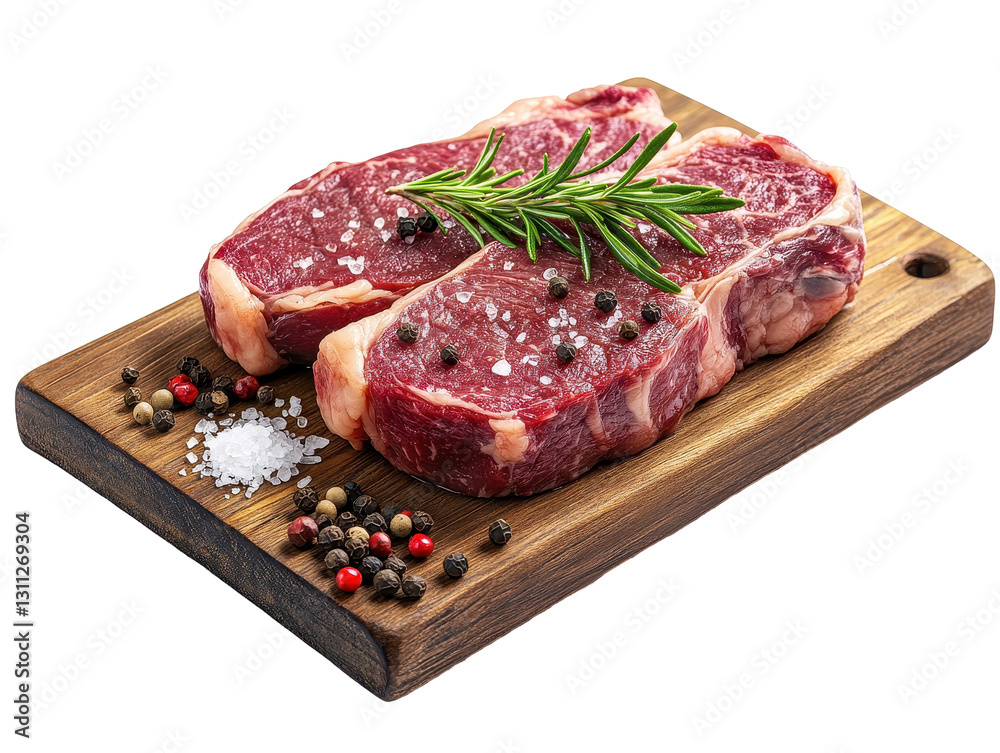 Isolated Two Raw Beef Steaks with Rosemary and Pepper Isolated Two Raw Beef Steaks with Rosemary and Pepper