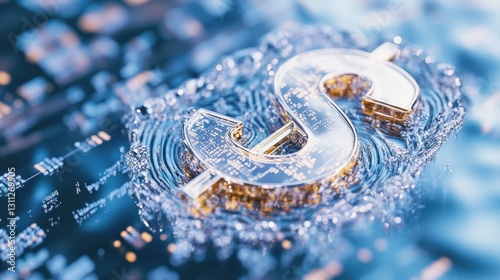 Glass Dollar Icon Amidst Swirling Water Ripples.