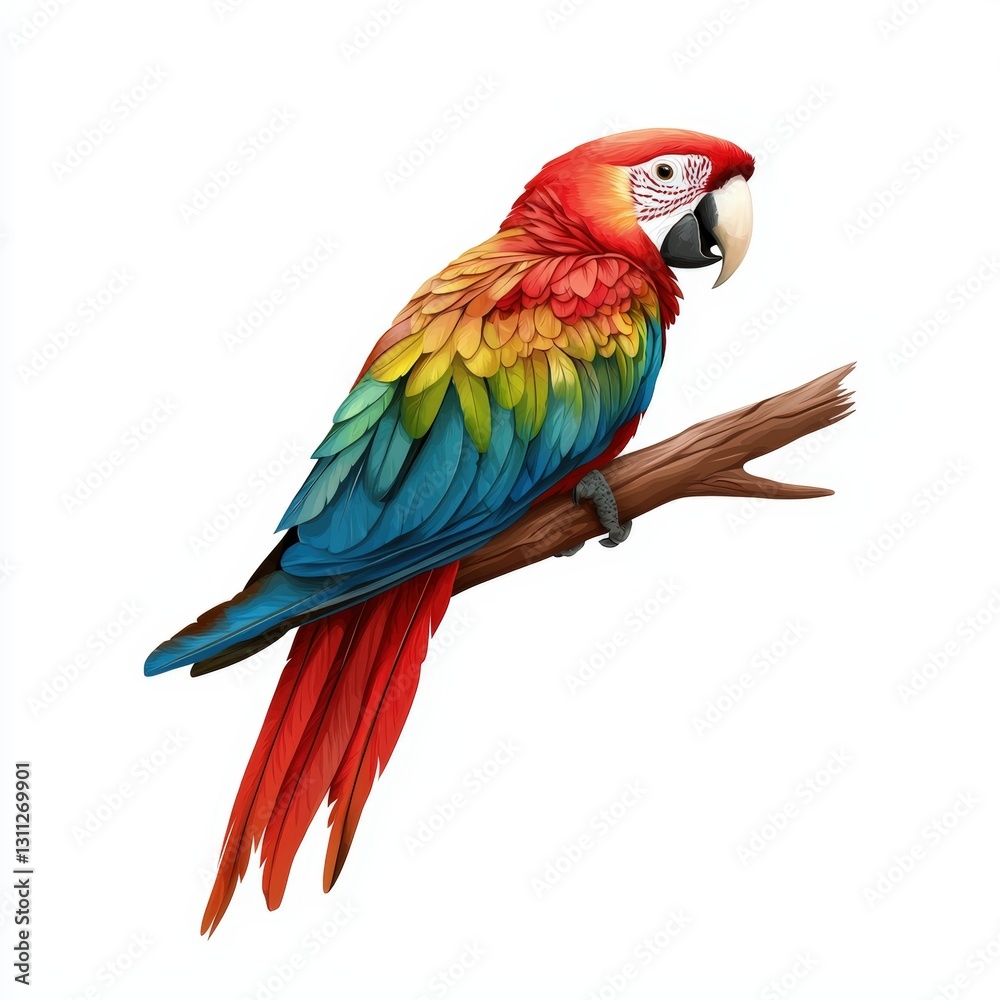 A vibrant parrot perched on a branch, showcasing its colorful feathers in shades of red, yellow, and green against a white background. A vibrant parrot perched on a branch, showcasing its colorful feathers in shades of red, yellow, and green against a white background.