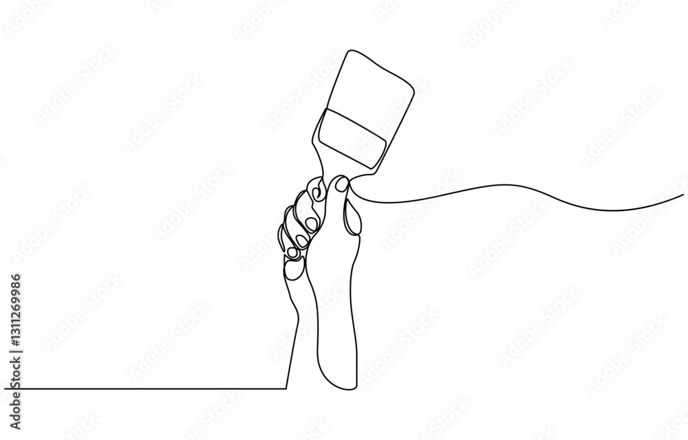 Obraz premium Paint brushes continuous one line drawing. Isolated on white background vector illustration, Continuous one line drawing of human hand holds paint brushes with paint can, floor painting.
