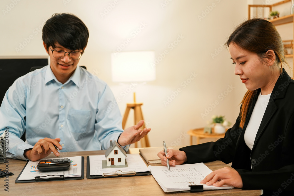 Businesswoman embraces client after successful property negotiation. Businesswoman embraces client after successful property negotiation.