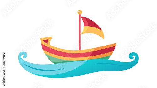 Whimsical Proportions A small cartoonish rowboat floats on a gentle wave. The boats body is painted in bright colors and has exaggeratedly large billowing sails that tower high
