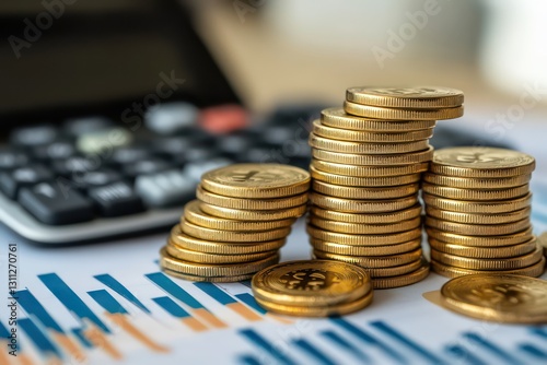 A money-making concept with golden coins and a calculator displaying financial growth.