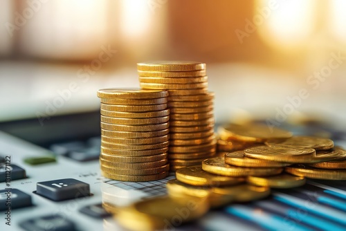 A money-making concept with golden coins and a calculator displaying financial growth.