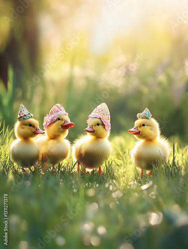 Easter party concepts with cute ducklings in spring greenery nature photography playful environment