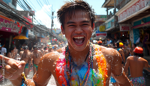 A joyful young man celebrates at a vibrant water festival, surrounded by colorful decorations and splashes of water, embodying excitement and festivity.