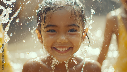 A joyful child smiles brightly as water splashes around her, embodying happiness and playfulness in a vibrant outdoor setting.