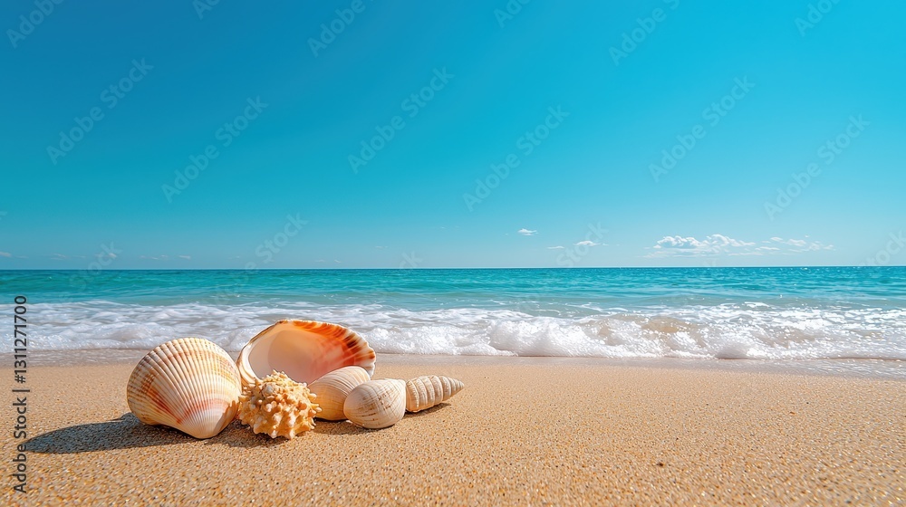 Seashells on sunny beach, ocean waves. Seashells on sunny beach, ocean waves.