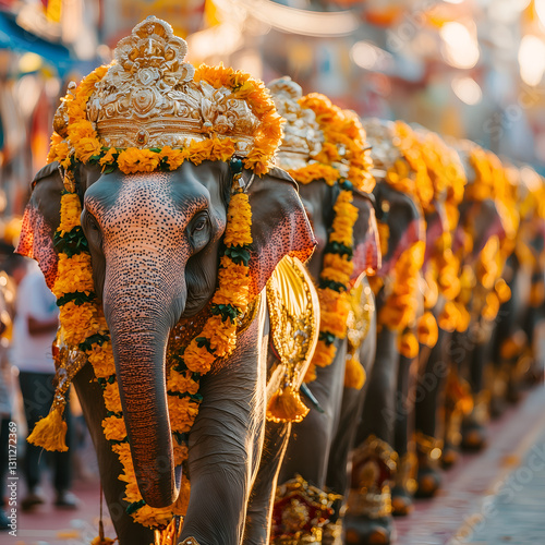 A procession of decorated elephants adorned with floral garlands and intricate ornaments, celebrating a vibrant cultural festival.