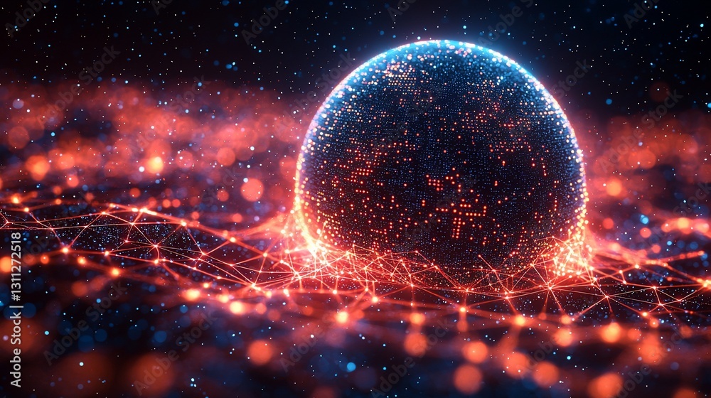 Obraz premium Abstract digital sphere with glowing particles, set against a cosmic background of connections