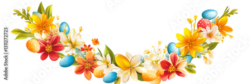 Easter party concept vibrant floral decor and colorful eggs for a joyful celebration