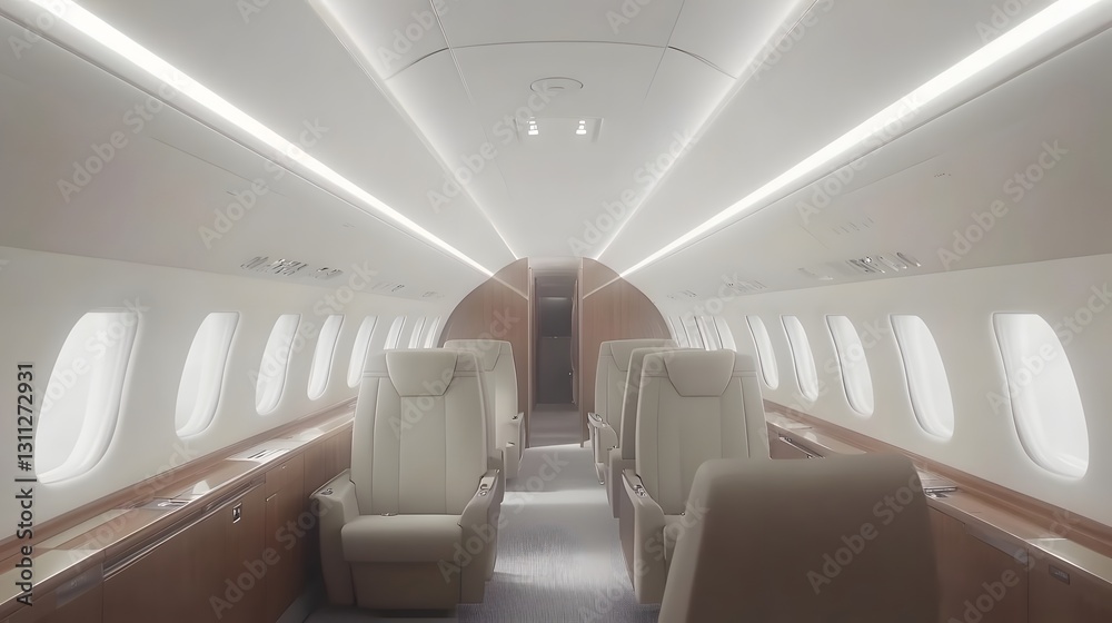 Fototapeta premium Luxurious interior of a private jet featuring spacious seating and ambient lighting, showcasing elegance