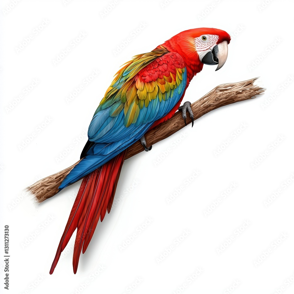 Fototapeta premium A vibrant parrot perched on a branch, showcasing its colorful feathers and lively personality, ideal for nature lovers.