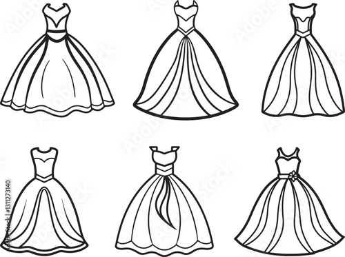 set of bridal dress line art, black outline, vector and illustration, coloring book page line art drawing