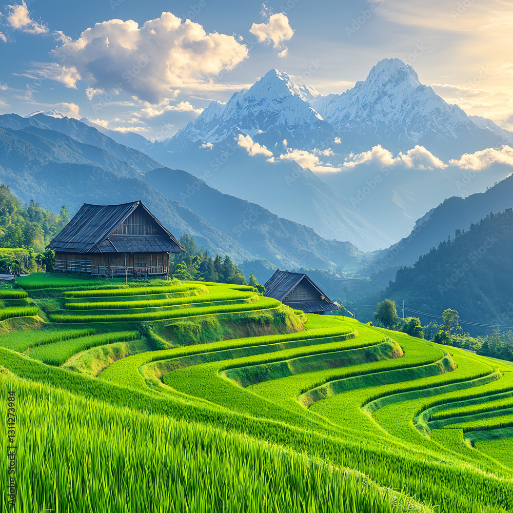 Fototapeta premium A picturesque landscape featuring terraced rice fields with lush greenery, traditional houses, and majestic mountains under a bright sky.