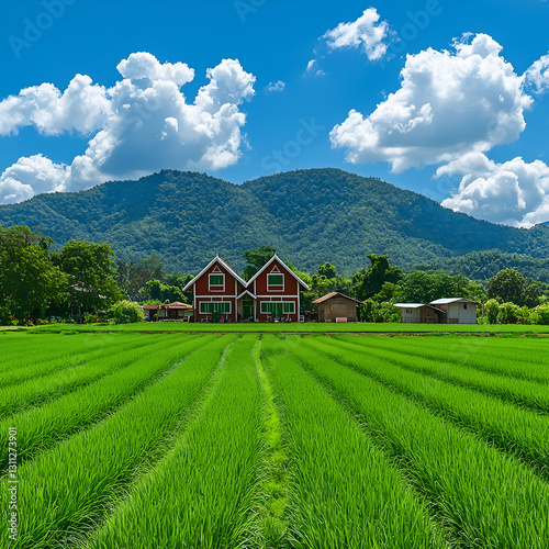 A serene landscape featuring lush green rice fields, traditional houses, and majestic mountains under a bright blue sky with fluffy clouds.
