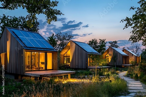 A group eco-friendly homes powered by solar energy highlighting energy efficiency in architecture