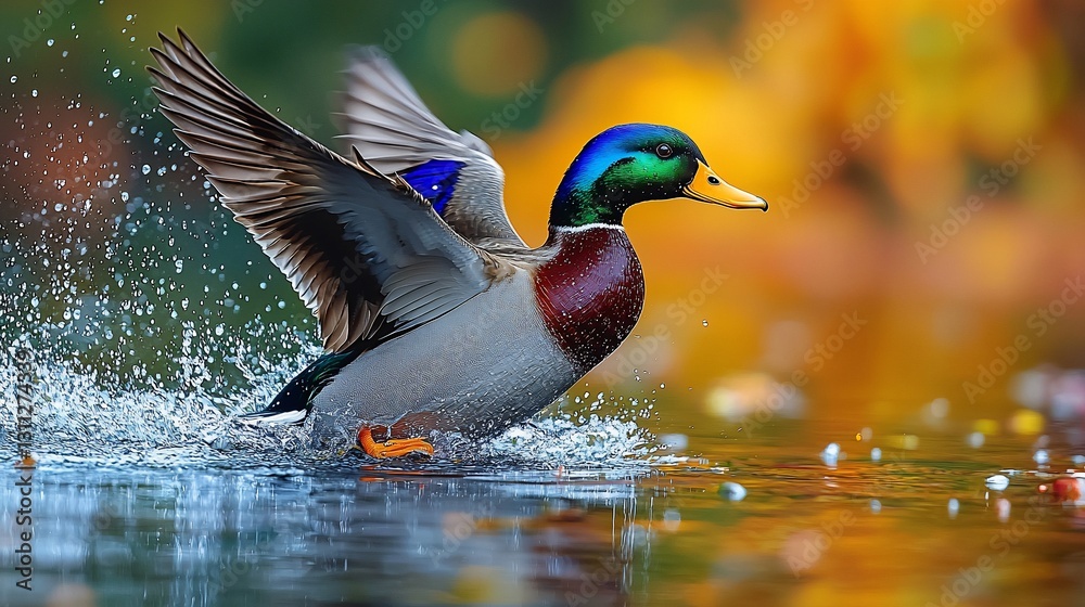 Obraz premium Vibrant mallard duck splashing in a serene pond surrounded by autumn foliage