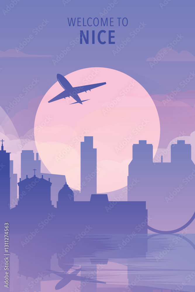 Fototapeta premium Welcome to Nice, France. Gradient city poster, card with shapes of skyline, waterfront and airplane. Europe travel vector illustration, print, graphic
