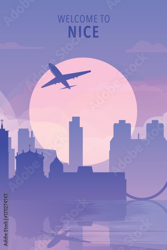 Welcome to Nice, France. Gradient city poster, card with shapes of skyline, waterfront and airplane. Europe travel vector illustration, print, graphic