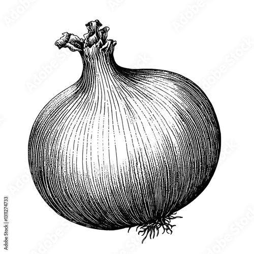 Engraved vector illustration of an onion showcasing intricate details perfect for tattoo and packaging design