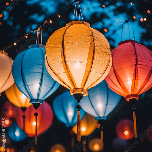 Colorful lanterns illuminate a night scene, creating a festive ambiance with vibrant hues and soft lighting.
