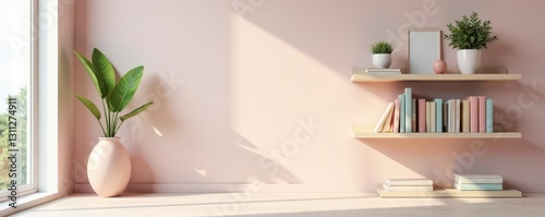Pastel home office shelves, minimalist backdrop, background image, decor