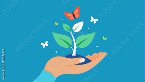 Youthful Touch Draw a hand gently holding a young sapling representing growth and renewal paired with symbols of rejuvenation and vitality like butterflies or blossoms.