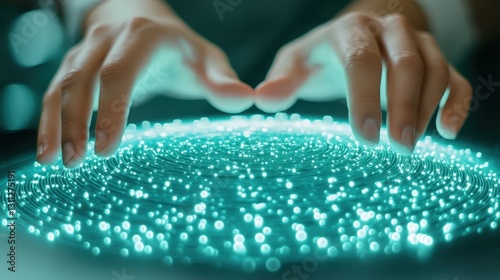 Platform Of Swirling Light Dots Under Careful Hands