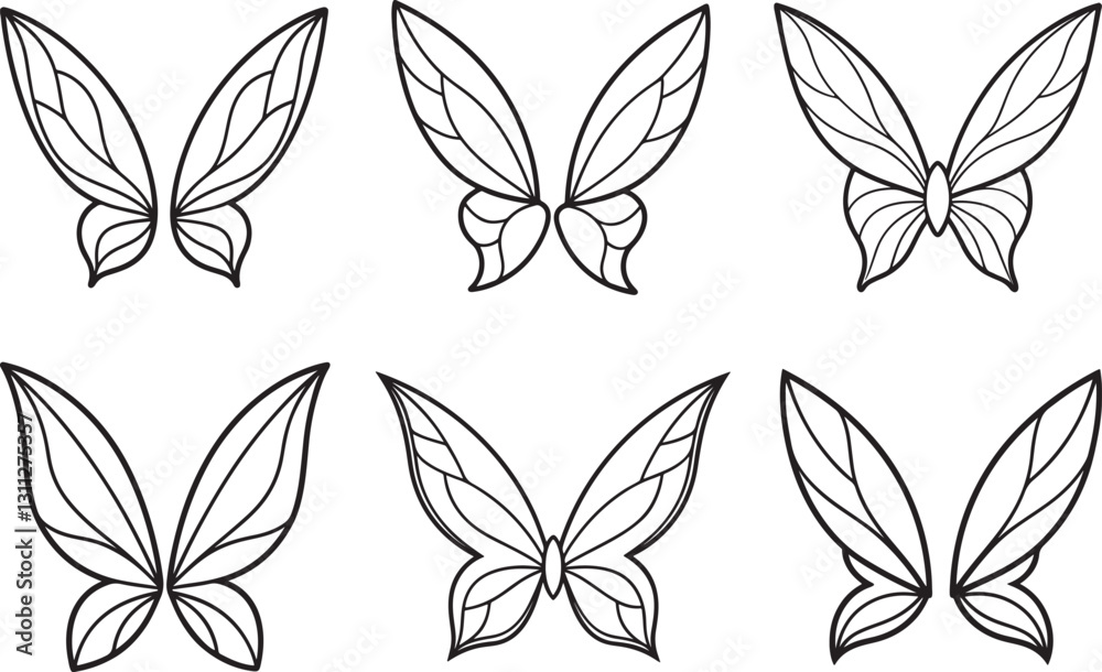 Obraz premium set of fairy wings line art, black outline, vector and illustration, coloring book page line art drawing
