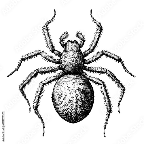 Engraved illustration of a spider showcasing intricate details suitable for tattoo art and vintage packaging design