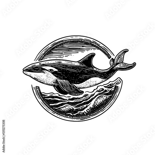 Wallpaper Mural Elegant engraved illustration of a whale gracefully swimming amidst stylized waves, perfect for tattoo art and packaging designs Torontodigital.ca