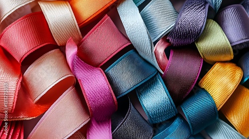 A group elegant ribbons in various hues arranged in an orderly fashion