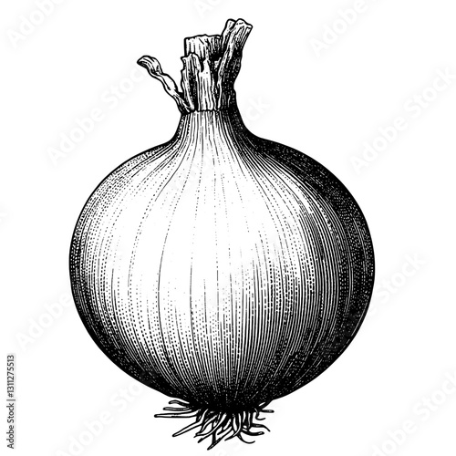 Engraved illustration of a bulb onion showcasing detailed texture and anatomy for tattoo and design inspirations