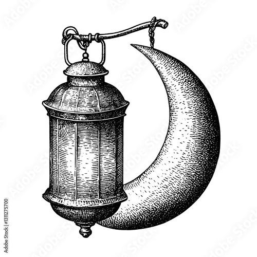 Engraved crescent moon lantern design featuring intricate details suitable for tattoo and packaging applications