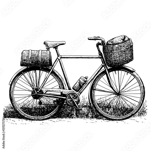 Vintage bicycle illustration with wicker baskets showcasing rustic elegance and a love for leisurely rides in nature